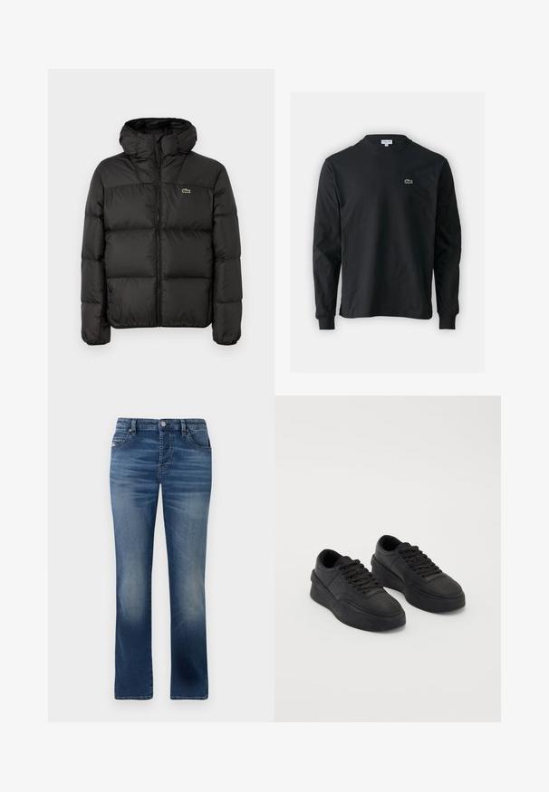 Must must jääpükste jakk kapuutsiga, millel on tõmblukk, tikandiga disain ja väike roheline logo vasakul rinnakorvil. Sile ja polsterdatud tekstuur.; Must musta särk pikad varrukad, valmistatud puuvillast, ümar kaelus ja vasakul rinnal väike rohelise värvi tikandiga krokodillilogoga.; Tumedast sinisest denimist teksad otse jala kujundusega, esikottide, tagasihoidliku kulumise ja klassikalise nööbi sulgemisega vööl.; Mustad nahast mustad sneekerid, millel on pehme tald. Omadusteks on lapikud paelad, perforatsioonid varvaste piirkonnas ja voolujooneline siluett.