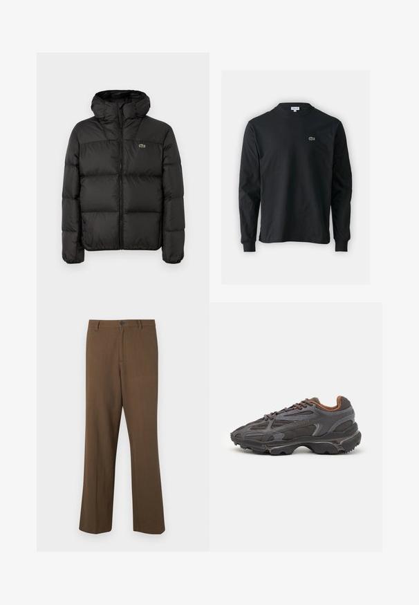 Chaqueta acolchada negra con capucha, con cierre de cremallera, diseño acolchado y un pequeño logo verde en el lado izquierdo del pecho. Textura lisa y acolchonada.; Camiseta de manga larga negra de algodón, con escote redondo y un pequeño logo de cocodrilo bordado en verde en el lado izquierdo del pecho.; Pantalones rectos marrones hechos de tela texturizada, con cierre de botón y cintura estándar, con bolsillos laterales y costuras ajustadas.; Zapatillas Lacoste en gris oscuro con material de malla y sintético, que cuentan con una suela texturizada y detalles en marrón en el cuello y la marca.