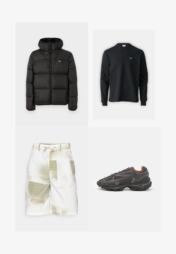 Fekete puffermellény kapucnival, zipzáras záródással, steppelt dizájnnal, és egy kis zöld logóval a bal mellen. Simább, párnázott textúra.; Fekete hosszú ujjú pamut póló, kerek nyakkivágással, bal mellen egy kis zöld hímzett krokodil logóval.; Férfi rövidnadrág könnyű anyagból, fehér alapszínnel, zöld tónusú rácsos mintával. Zsinóros derékrésszel rendelkezik.; Sötét szürke Lacoste sportcipők hálós és szintetikus anyagból, textúrázott talppal és barna díszítésekkel a nyak részen és a logón.