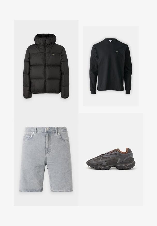 Čierna páperová bunda s kapucňou, s predným zipsom, prešívaným dizajnom a malým zeleným logom na ľavom prsníku. Hladká, podšitá textúra.; Čierne tričko s dlhým rukávom vyrobené z bavlny, s okrúhlym výstrihom a malým zeleným vyšívaným logom krokodíla na ľavej hrudi.; Svetlošedé džínsy s rovnými nohavicami, s piatimi vreckami, zapínaním na gombík a kontrastným prešívaním.; Lacoste tenisky v tmavo sivej farbe z nylonu a syntetického materiálu, s textúrovanou podrážkou a hnedými akcentami na golieri a brandingu.