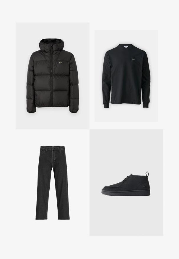 Czarna kurtka puchowa z kapturem, z zamkiem błyskawicznym, pikowanym wzorem i małym zielonym logo na lewej piersi. Gładka, wyściełana faktura.; Czarna koszulka z długim rękawem, wykonana z bawełny, z okrągłym dekoltem i małym haftowanym logo krokodyla w kolorze zielonym po lewej stronie klatki piersiowej.; Czarne dżinsy z prostą nogawką, z zamkiem błyskawicznym, szlufkami na pasek oraz sześcioma kieszeniami, wykonane z wytrzymałej mieszanki bawełny.; Czarne zamszowe botki za kostkę na sznurki z pętelką i teksturowaną podeszwą, z małym wytłoczonym logo krokodyla z boku.