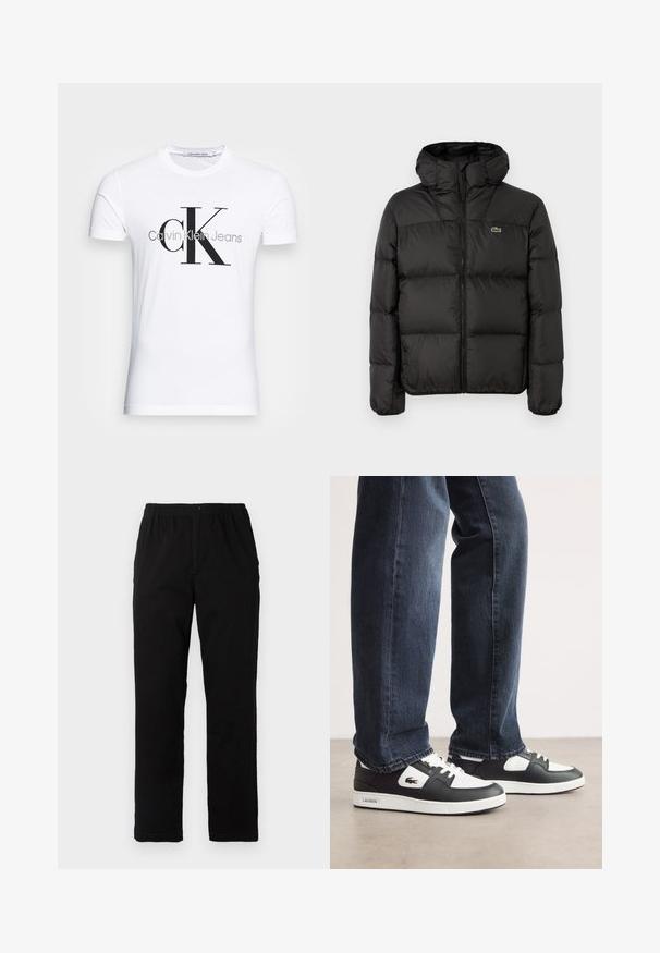 Black puffer jacket with a hood, featuring a zip closure, quilted design, and a small green logo on the left chest. Smooth, padded texture.; White cotton t-shirt featuring a black "CK" logo and "Calvin Klein Jeans" text, short sleeves, and a classic round neckline.; Black pants made of cotton blend fabric, featuring a straight cut, elastic waistband with button, and no visible patterns or accents.; Black and white Lacoste sneakers with a textured leather upper, featuring a lace-up design and a white rubber outsole. Worn with dark jeans.