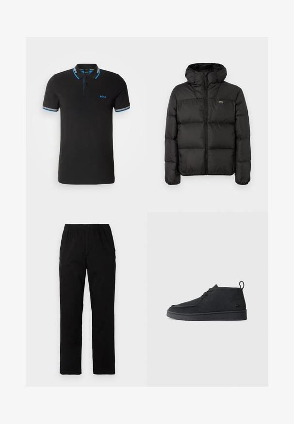 Juodas pūkinis džemperis su kapišonu, su užtrauktuku, siuvinėtas dizainas ir mažas žalias logotipas kairėje krūtinės pusėje. Sklandus, paminkštintas paviršius.; BOSS PAUL - Polo marškinėliai - black; Juodi kelnės, pagamintos iš medvilnės mišinio, su tiesiomis kirpimo linijomis, elastingu liemeniu su mygtuku ir be aiškių raštų ar akcentų.; Juodas zomšinės odo aulinukas su raišteliais, turintis traukimą ir tekstūruotą pado dalį, su mažuoju įspaustu krokodilo logotipu šone.