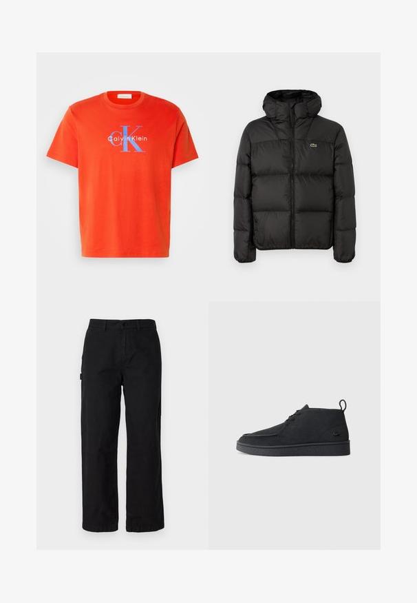 Casaco puffer preto com capuz, apresentando um fecho em zíper, design acolchoado e um pequeno logótipo verde no peito esquerdo. Textura suave e acolchoada.; T-shirt de algodão vermelho com mangas curtas, apresentando um logótipo azul "Calvin Klein" e o design "CK" na frente. Decote simples em crew neck.; Calças cargo de algodão pretas com um design de perna reta, apresentando bolsos laterais e um fecho frontal com botão. Tecido durável com uma textura suave.; Botim de tornozelo em camurça preta, com atacadores, aba na parte traseira e sola texturizada, apresentando um pequeno logótipo de crocodilo em relevo na lateral.