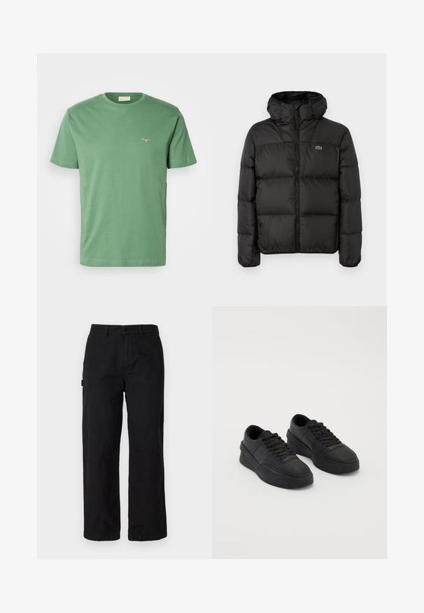 Zwarte gewatteerde jas met een capuchon, voorzien van een ritssluiting, doorgestikte ontwerp en een klein groen logo op de linkerborst. Soepele, gewatteerde textuur.; GANT PRINTED ARCHIVE SHIELD - T-shirt basic - dried forest; Zwarte katoenen cargobroek met een recht model, voorzien van zijzakken en een knoopsluiting aan de voorkant. Duurzame stof met een gladde textuur.; Zwarte sneakers van soepel leer met een gestoffeerde zool. Kenmerken zijn plat veter, perforaties op de teen en een slanke silhouet.