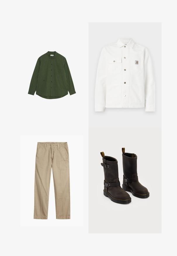 Bijela traper jakna s raširenim ovratnikom, prednjim kopčanjem na gumbi, dva džepa na prsima i oznakom na lijevom džepu.; Košulja dugih rukava u tamnozelenim i mornarskoplavim vertikalnim prugama, s dugmadi na ovratniku, džepom na lijevoj strani prsnog koša i zakrivljenim rubom.; Bež chinos hlače ravnog kroja s petljama za remen, prednjim gumbom i zatvaranjem nazip, te kosi prednjim džepovima.; Tamno smeđe kožne čizme srednje visine, sa žutim šavovima, podesivim kopčama i ručicama za povlačenje na vrhu. Teksturirana površina.