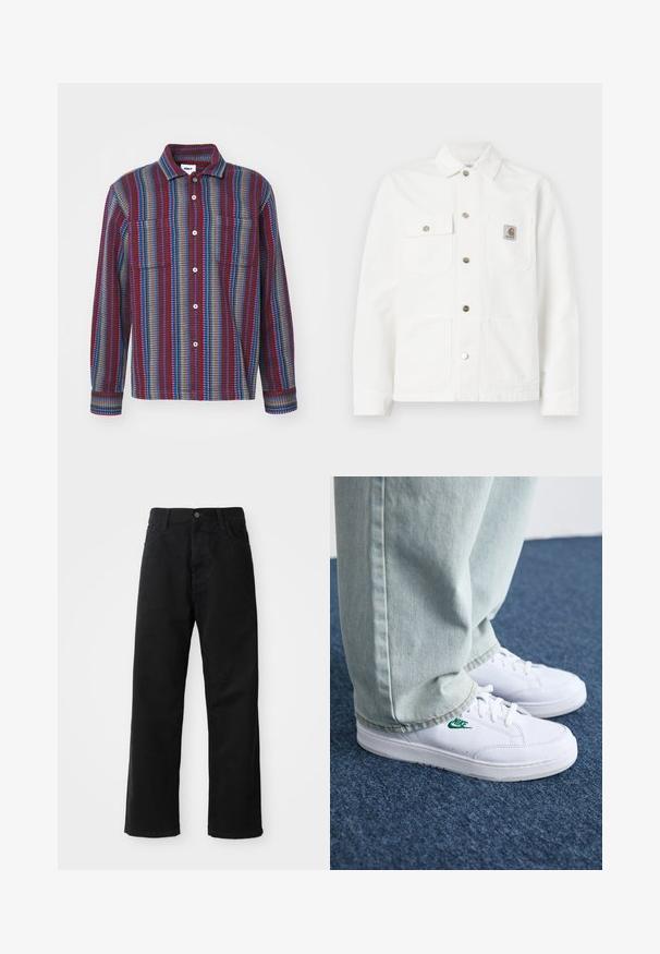Valge denim-jakk, millel on avatud krae, esimesed nööpide kinnitused, kaks rinna taskut ja logotasku vasakul taskul.; Pikkade varrukatega nööbitav särk, millel on bordoopunane, sinine ja roheline triibuline muster, kahe rinnakotiga ja kraega kaelus.; Mustadest denimist püksid sirge lõikega, mis sisaldavad ees taskuid, lukufliisi ja ühte ülemist nööpi. Tekstureeritud kangas mati viimistlusega.; Valged nahast tennisetossud rohelise Nike logo ja ümarate varvastega, lamedate taldadega, koos helesiniste teksapükstega, esitatud sinisel vaibal.
