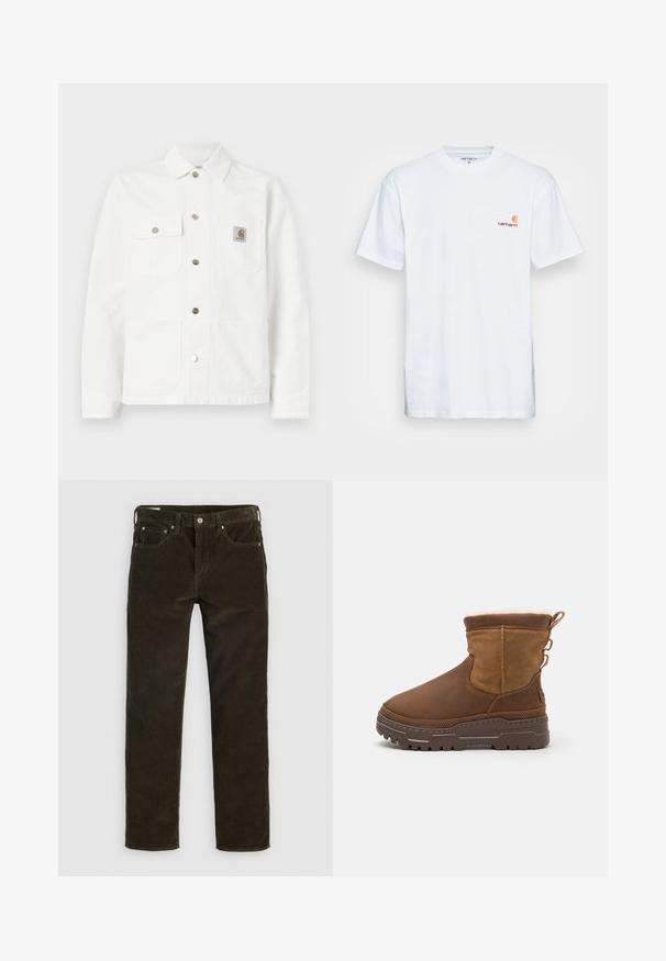 Bela denimska jakna z razprostrtim ovratnikom, sprednjim gumbom, dvema prsoma žepoma in logotipnim oznako na levem žepu.; Bela bombažna majica s kratkimi rokavi. Zasnovana z majhnim oranžnim in maroon logotipom na levem prsnem delu. Ima klasičen okrogle izrez.; Rjave kordurojske hlače s ravnim krojem, pet žepov, vidnim šivanjem in teksturiranim zaključkom tkanine. Kovinski gumb za zapiranje v pasu.; Rjave antilopne gležnjarje z mehkobo krzneno podlogo, trdim gumijastim podplatom in dekorativnimi bočnimi zankami za enostavno obuvanje. Teksturni finiš na zgornjem delu.