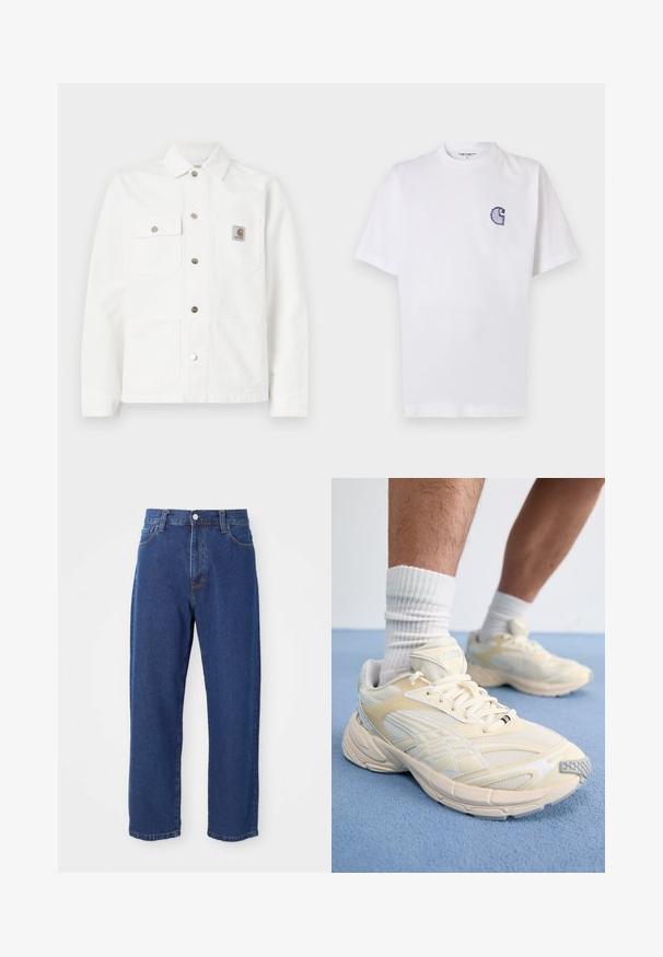 Valkoinen farkkutakki, jossa on leviävä kaulus, edessä nappisulku, kaksi rintataskua ja logopatch vasemmassa taskussa.; Valkoinen puuvillainen lyhythihainen T-paita, jossa pyöreä kaula-aukko ja vasemmassa rinnassa pieni, kirjailtu sininen "C"-logo.; Korkeavyötäröiset siniset farkut, jotka on valmistettu denimistä ja joissa on suora lahjetyyli, näkyvät saumat ja edessä nappikiinnitys.; Vaaleankeltaiset urheilukengät, joissa on verkkomateriaali ja synteettisiä päällysteitä, varustettu nauhoilla, pehmeä pohja ja logo kielen päällä.