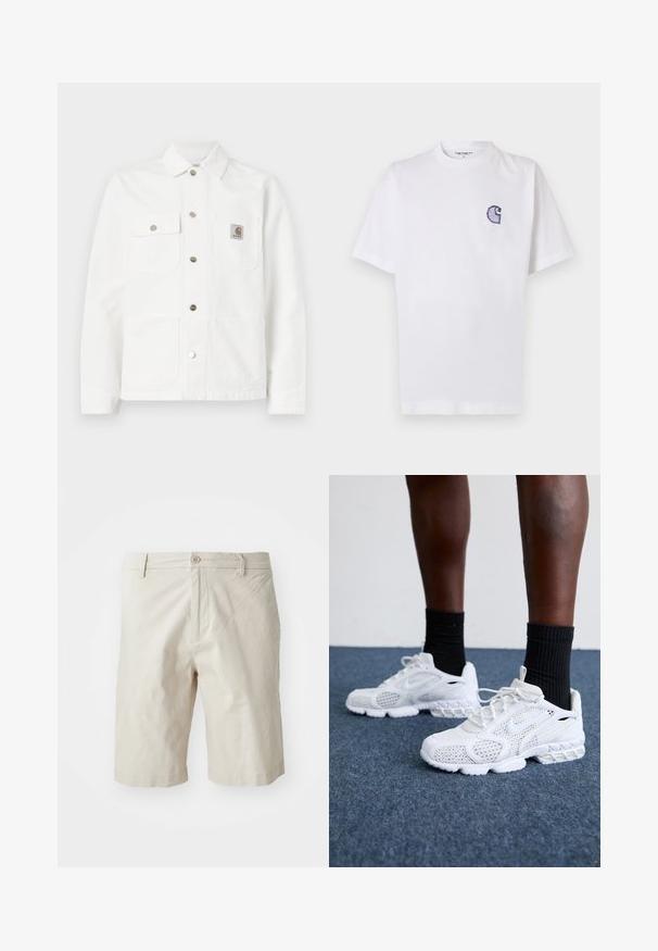 White denim jacket featuring a spread collar, front button closure, two chest pockets, and a logo patch on the left pocket.; White cotton t-shirt with short sleeves, round neckline, and a small, embroidered blue "C" logo on the left chest area.; Beige cotton shorts with a front button closure, belt loops, and a straight leg design. Smooth texture, ending just above the knee.; White athletic shoes with mesh upper, textured accents, and cushioned sole. Paired with black ribbed ankle socks on a blue carpeted surface.