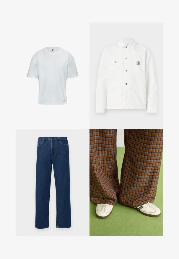 Bijela traper jakna s raširenim ovratnikom, prednjim kopčanjem na gumbi, dva džepa na prsima i oznakom na lijevom džepu.; Bijela pamučna majica s okruglim izrezom i kratkim rukavima. Ravan kroj s malim logotipom s strane. Glatka tekstura.; Tamno plave traperice ravnog kroja s prednjim džepovima i kopčanjem na dugme, prikazane na jednostavnoj bijeloj pozadini.; Smeđe i plave karirane široke hlače uparene s bijelim cipelama s crnim akcentima i teksturiranim potplatom, na zelenoj pozadini.