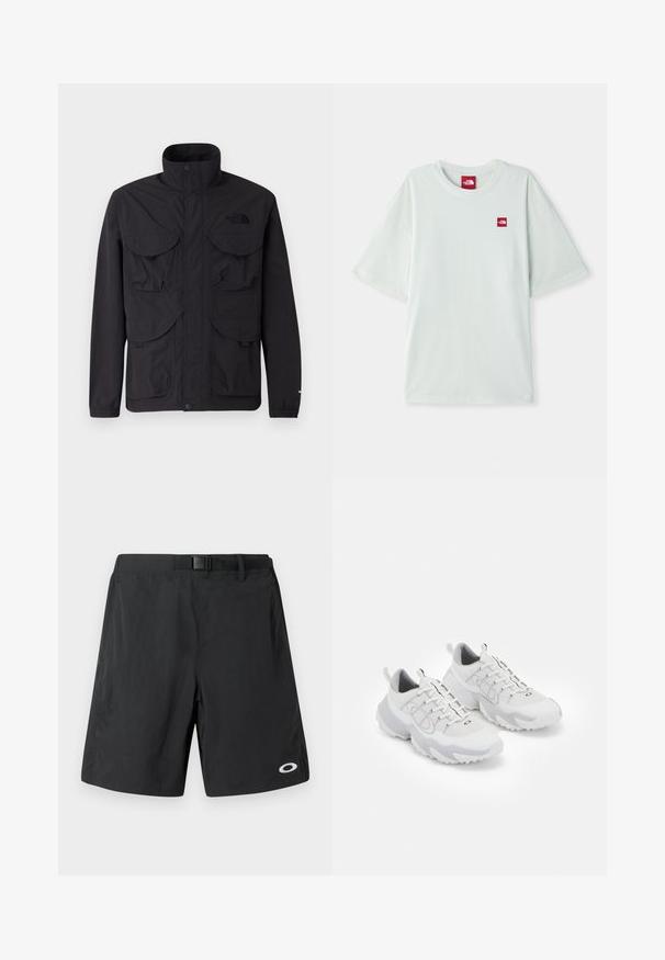 Černá bunda z lehkého materiálu, s vysokým límcem, čtyřmi předními kapsami a patentkami. Ozdobená logem na hrudi.; Svetle zelené tričko s krátkým rukávem vyrobené z měkké bavlny, s malou červenou nášivkou umístěnou na levé části hrudi. Volný střih a kulatý výstřih.; Černé plavky s hladkým povrchem, mají pásek v pase a bílé logo v pravém dolním rohu. V designu do poloviny stehna.; Bílé sportovní boty s síťovinovým svrškem, šedými akcenty, strukturovanou gumovou podrážkou a poutky na patě; obsahují šněrovací design.