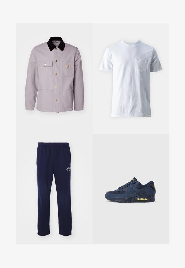 Hellgraue Baumwolljacke mit einem schwarzen Cordkragen, zwei Fronttaschen und Messingknöpfen. Verfügt über ein Logopatch auf der Brusttasche.; Weißes Baumwoll-T-Shirt mit Rundhalsausschnitt, kurzen Ärmeln und einer linken Brusttasche, mit einem kleinen Logo auf der Tasche. Glatte Textur.; Navyblaue Sweatpants mit einem elastischen Bund, weißen Seitenstreifen und besticktem Text am linken Bein. Hergestellt aus weichem, atmungsaktivem Material.; Dunkelblaue Nike Air Max Sneaker mit Obermaterial aus Wildleder und Mesh, ausgestattet mit gelben Akzenten, Schnürung vorne und sichtbarer Luftpolsterung in der Sohle.