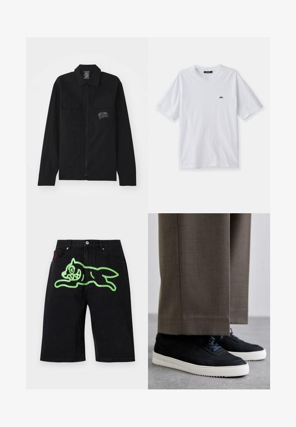 Billionaire Boys Club ARCH LOGO - Letná bunda - black; Biela bavlnená tričko s okrúhlym výstrihom a krátkymi rukávmi, s malým čiernym logom na hrudi. Hladká textúra a voľný strih.; Icecream RUNNING DOG - Denimové šortky - black denim; Čierne semišové tenisky s bielymi gumovými podrážkami, s okrúhlym prstom a šnúrkami, nosené s šedými vypracovanými nohavicami.