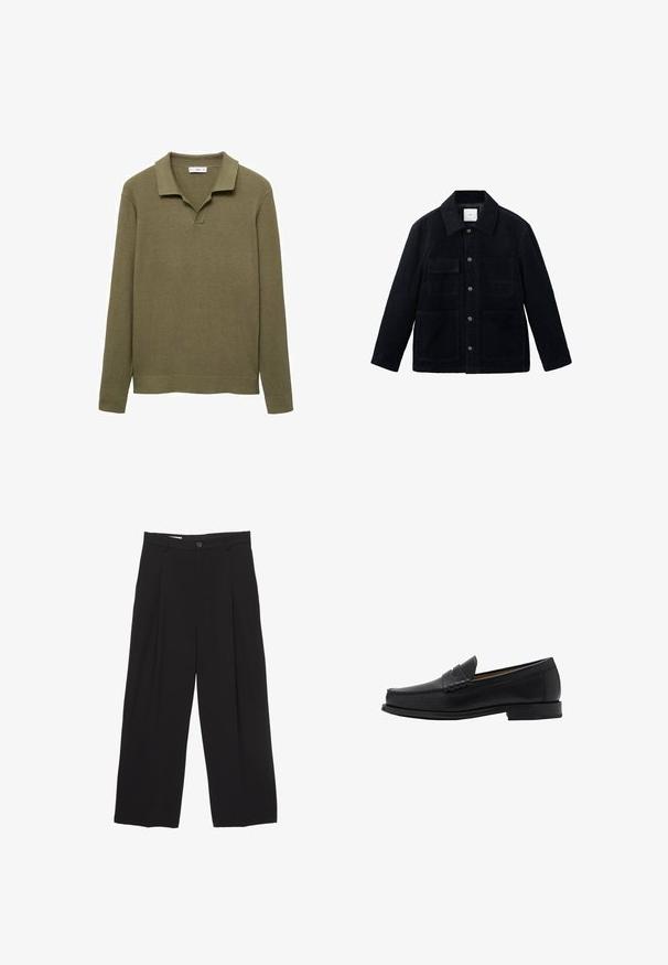 Črna korduroj jakna z ovratnikom, ki ima dve prsni žep in dva sprednja žepa, zapiranje na gumbe ter sproščen kroj.; Olivnozelen pulover s dolgimi rokavi in polo ovratnikom z ribastim vzorcem, V-izrezom in zloženim ovratnikom. Preprost, ravno krojen dizajn.; Črne široke hlače iz gladkega blaga, z ravnim pasom, sprednjimi povešalnimi pregibi in enim gumbom za zapiranje.; Mango Elegantni čevlji brez vezalk - black