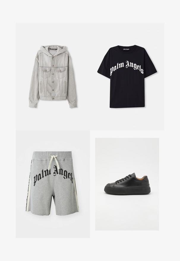 Hellgraue Denimjacke mit abnehmbarer Kapuze, Knopfleiste, zwei Brusttaschen und Seitentaschen. Mit sichtbaren Nähten und silbernem Zubehör.; Schwarzes Baumwoll-T-Shirt mit kurzen Ärmeln und Rundhalsauschnitt, auf der Vorderseite mit weißem "Palm Angels"-Text in einer geschwungenen, verschnörkelten Schrift.; Hellgraue Freizeitshorts mit cremefarbener Kordel, schwarzen und cremefarbenen Seitenstreifen sowie großem schwarzen "Palm Angels"-Text auf der Vorderseite.; Schwarze Ledersneaker mit runder Zehenpartie, schnürbarem Vorderteil, glatter Oberfläche, dickem Gummisohle und kontrastierendem, braunem Innenraum.