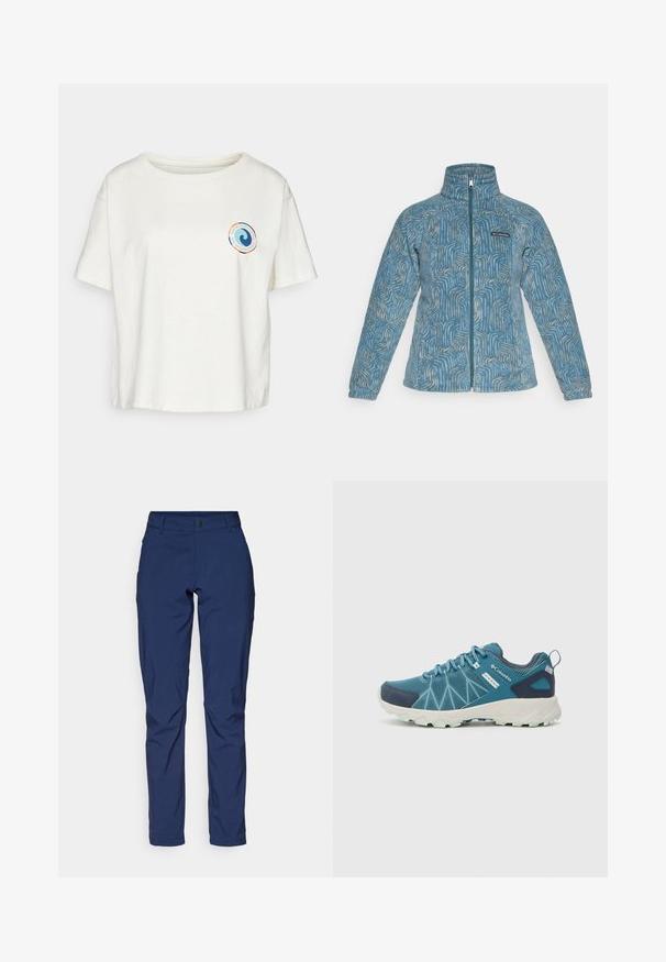 Fleece jakna v svetlo modri barvi z teksturirano valovito vzorcem v bež barvi. Ima celoten zadrgo in stoječ ovratnik. Logo našitek na prsih.; Patagonia UNITY FITZ EASY CUT RESPONSIBILI-TEE - Potiskana majica - birch white; Temno modri hlače iz gladkega materiala, z običajnim krojem, sprednjimi žepi in zadrgo ter gumbom za zapiranje.; Columbia PEAKFREAK™ II OUTDRY™ - Pohodniški čevlji - blue heron/skylight