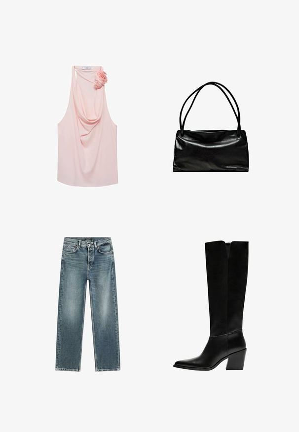 Czarna skórzana kurtka o zarysowanym fasonie, z ostro zakończonym kołnierzem, przednimi kieszeniami i prążkowanym dołem. Gładka faktura i czyste linie.; Czerwona sweterek z długim rękawem, wykonany z miękkiego, dzianinowego materiału. Ma okrągły dekolt i ściągacze na końcach rękawów. Prosty design bez widocznych wzorów czy elementów metalowych.; Jasnoróżowa bluzka bez rękawów z drapowanym dekoltem i kwiatowym akcentem po lewej stronie. Wykonana z gładkiego materiału, ma luźny krój i zaokrąglony dół.; Jasnoniebieskie dżinsy z prostymi nogawkami, pięcioma kieszeniami i subtelnym wyblaknięciem. Posiadają guzik oraz zamek błyskawiczny, z białymi akcentami w szwie.; Czarne kozaki do kolan wykonane z gładkiej skóry, z ostro zakończonym noskiem, blokowym obcasem i wycięciem w kształcie litery V na górze.; Czarna skórzana torba o gładkiej fakturze, prostokątnym kształcie i dwóch długich uchwytach. Prosty design bez widocznych elementów metalowych czy ozdób.