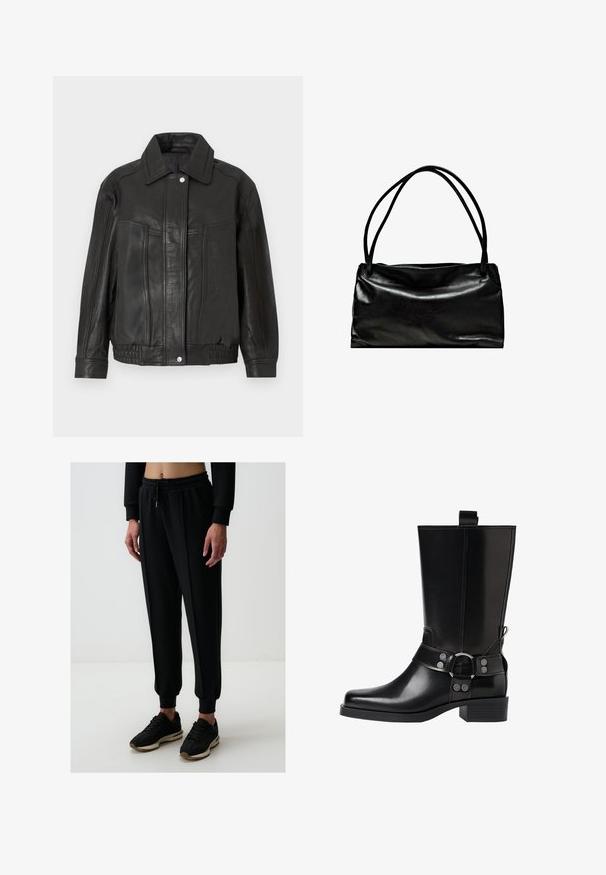 Schwarze Lederjacke mit strukturiertem Design, ausgestattet mit spitzem Kragen, Vordertaschen und gerippetem Saum. Glatte Textur und klare Linien.; Grauer Strickpullover mit V-Ausschnitt, gerippten Bündchen und lockerer Passform, getragen über hellbeigen Hosen. Glatte Textur.; Jimmy Key HIGH WAIST JOGGER - Jogginghose - black; Schwarze Lederstiefel bis zum Knie mit spitzer Zehenform, silbernen Schnallenakzenten und einem klobigen Absatz. Verfügt über eine Zuglasche für einfaches Anziehen.; Schwarze Lederhandtasche mit einer glatten Oberfläche, rechteckiger Form und zwei langen Griffen. Einfaches Design ohne sichtbare Beschläge oder Verzierungen.