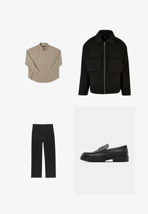 Giacca nera con zip realizzata in tessuto testurizzato, dotata di colletto, due tasche anteriori a strappo e un taglio dritto.; Camicia beige a maniche lunghe con righe verticali, taschino sul petto, colletto button-down e orlo arrotondato. Tessuto dalla texture liscia.; Pantaloni neri con un design a gamba dritta, realizzati in un tessuto liscio. Presentano pieghe frontali e una chiusura a un bottone in vita.; Mocassini in pelle nera con punta rotonda, caratterizzati da un design cucito, suola piatta bassa e un battistrada in gomma testurizzata e scolpita.