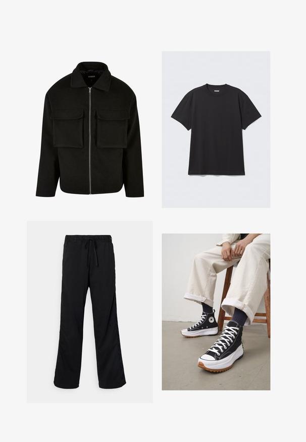 Fekete, cipzárral záródó dzseki strukturált anyagból, gallérral, két első rakott zsebbel és egyenes szabással.; Fekete, rövid ujjú póló, pamutból készült. Kerek nyakkivágással és laza szabással rendelkezik. Egyszerű dizájn, melyen nincsenek minták vagy díszítések.; Fekete sportnadrág, elasztikus derékpánttal, húzózsinórral és oldalsó panelekből. Könnyű anyagból készült, az oldalán logóval.; Fekete magas szárú tornacipő fehér fűzővel és gumi orral. Vastag fehér talp, texturált barna talppal, tengerészkék csíkos zoknival viselve.