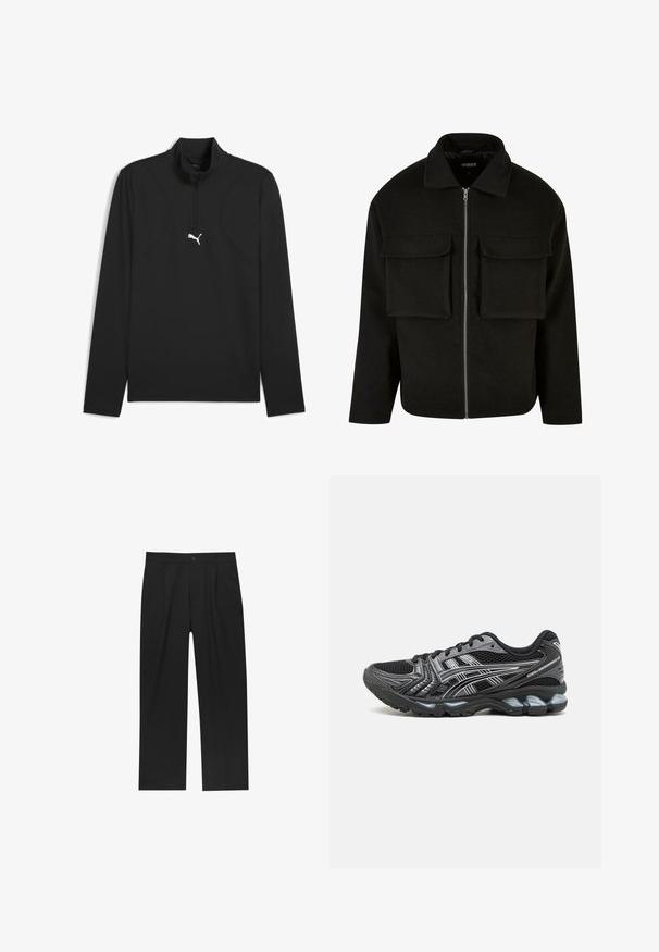 Schwarze Zip-Jacke aus strukturiertem Stoff mit Kragen, ausgestattet mit zwei aufgesetzten Taschen vorne und geradem Schnitt.; Schwarzer Langarmpullover mit einem halben Reißverschluss-Kragen. Glattes, dehnbares Material mit einem weißen Puma-Logo auf der Brust und einem Detail an der Schulternaht.; Schwarze Hose mit geradem Schnitt, aus einem glatten Stoff gefertigt. Verfügt über Vorderfalten und einen einzelnen Knopfverschluss an der Taille.; Schwarze Sportschuhe mit Mesh-Obermaterial, silbernen Akzenten und gepolsterter Sohle. Verfügt über ein Schnürdesign und ein strukturiertes Profil für besseren Halt.