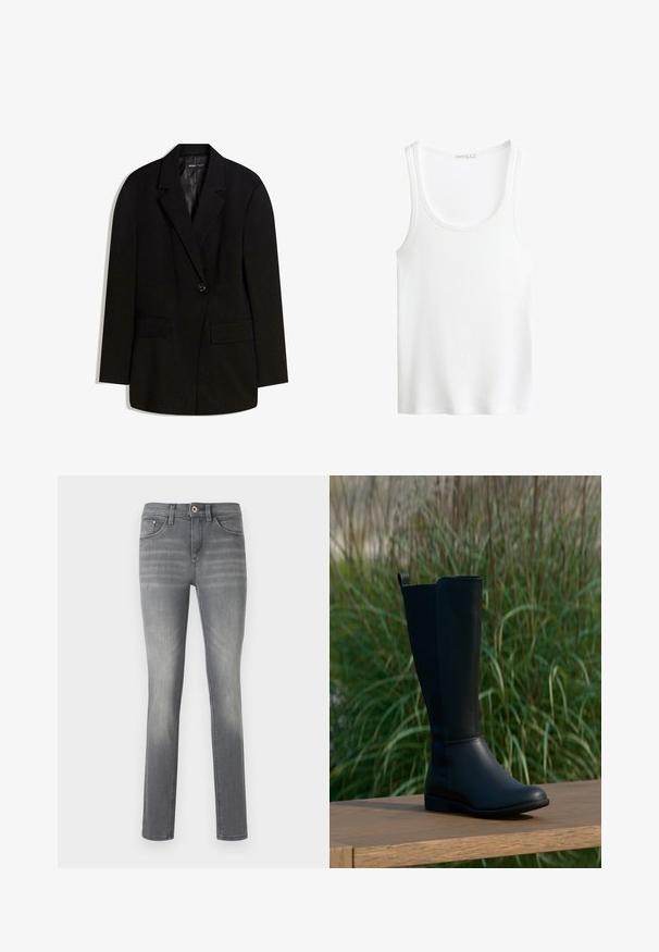 Black blazer made from smooth fabric, featuring a single button closure, two front pockets, and a notched lapel design.; White ribbed tank top with a scoop neckline and wide straps. Soft fabric texture and stitched hems. Simple, fitted design.; Gray denim jeans with a slim fit, featuring a faded wash, five pockets, a button closure, and subtle stitching details.; Black knee-high boot made of smooth leather with a rounded toe and flat sole. Features a simple design with a pull tab at the top.