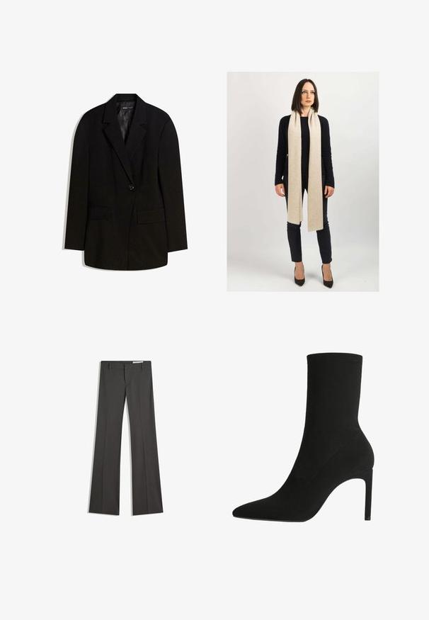 Czarna marynarka uszyta z gładkiego materiału, z zapięciem na jeden guzik, dwoma przednimi kieszeniami oraz klapami w kształcie litery V.; Biały żebrowany top na ramiączkach z okrągłym dekoltem i szerokimi ramiączkami. Miękka faktura materiału i obszycia. Prosty, dopasowany krój.; Szare spodnie w fasonie dzwonów, wykonane z gładkiego materiału, z płaskim przodem, paskami do paska oraz skrojonym krojem o czystych liniach.; Czarne botki za kostkę wykonane z miękkiego zamszu, z ostrym noskiem i wysokim obcasem typu stiletto. Minimalistyczny design bez widocznych elementów metalowych ani wzorów.; Dalle Piane Cashmere Szal