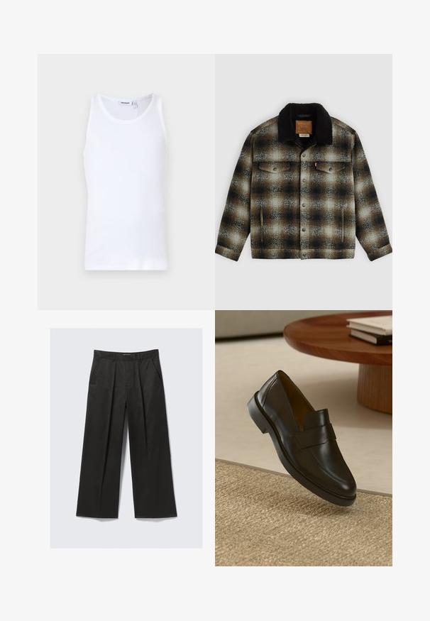 Jachetă din flanel cu carouri maro și negre, cu guler din sherpa, nasturi cu capsenă, două buzunare pe piept și o textură moale.; Top din bumbac alb fără mâneci, cu guler rotund și bretele late. Textură netedă, fără modele, design curat și etichetă de marcă pe guler.; Pantaloni negri cu croială largă, cu o textură netedă, având două buzunare frontale și o talie ușor ridicată.; Mocasin din piele neagră cu o finisare netedă, vârf rotund și o baretă decorativă pe partea superioară. Toc mic din cauciuc, așezat pe o suprafață texturată.