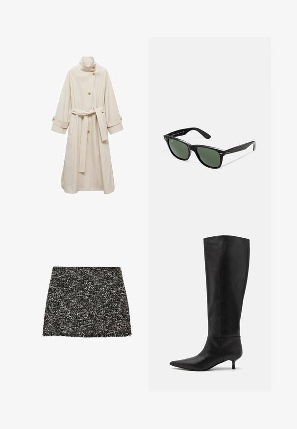 Beige Trenchcoat mit hohem Kragen, drei Knöpfen, einem selbstgebundenen Gürtel und aufgerollten Manschetten. Verfügt über zwei Seitentaschen und einen glatten, strukturierten Stoff.; Weißes geripptes Tanktop mit einem schwarzen gestickten Logo, das zentral auf der Brust platziert ist. Der Halsausschnitt und die Armausschnitte sind mit einer dezenten Einfassung versehen.; Schwarz-weißes Twill-Minirock mit ausgefranstem Saum. Strukturiert und mit strukturierter Oberfläche, geeignet für verschiedene lässige Outfits.; Knöchelhohe schwarze Lederstiefel mit einer spitz zulaufenden Zehenpartie und einem Kitten-Heel. Glatte Textur und minimalistisches Design ohne sichtbare Beschläge oder Akzente.; Schwarze Plastiksonnenbrille mit grünen Gläsern, quadratischen Rahmen, silbernem Akzent auf der Augenbraue und strukturierten Bügeln. Angegebene Marke auf dem inneren Bügel.