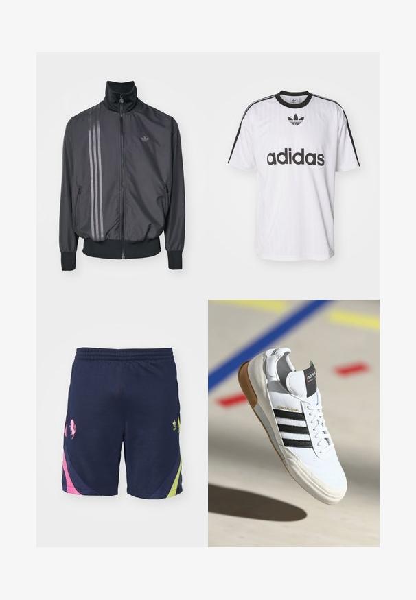 Juodas sportinis švarkas su aukštu apykakle, užtrauktuku ir dviem šoniniais kišenėmis. Papuoštas trimis horizontaliomis juostomis tamsesnėje spalvoje ir logotipu.; Balta Adidas marškinėliai su juodais akcentais, apvalia iškirpte ir dideliu juodu logotipu priekyje. Trumpi rankoviai su juodomis juostelėmis. Tekstūruota medžiaga.; Tamsiai mėlynos sportinės šortai su raišteliu liemenyje, su rožinėmis ir kalkių žaliai akcentinėmis juostelėmis bei spaudiniu kairėje pusėje.; Balti Adidas Mundial Goal sportiniai batai su juodomis juostelėmis ir guminiu padu, pavaizduoti ore virš sporto aikštelės grindų su spalvotomis linijomis.