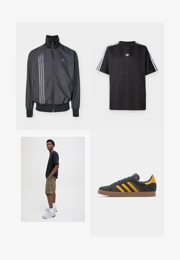 Zwarte sportieve jas met een hoge kraag, ritssluiting en twee zijzakken. Heeft drie horizontale strepen in een donkere tint en een logo.; Zwarte t-shirt met korte mouwen, voorzien van een witte drievoudige streep op de schouders en een klein wit logo op de borst. Glad textiel.; Zwarte t-shirt met korte mouwen, olijfgroene cargoshorts met zakken, witte enkelkousen en zilveren sportschoenen, staand tegen een neutrale achtergrond.; Zwarte suède sneakers met gele accenten, voorzien van drie strepen en een bruine rubberen zool. Inclusief een gevoerde tong voor comfort.