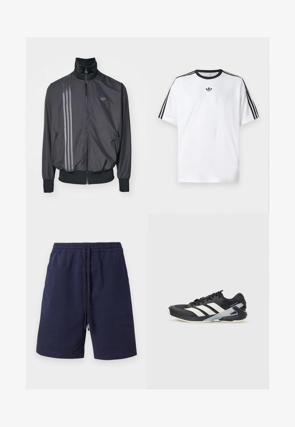 Črna atletska jakna z visokim ovratnikom, zadrgo in dvema stranskima žepoma. Ima tri horizontalne črte v temnejši senci in logotip.; Bela majica iz bombaža z črnimi okroglimi izrezi in tremi črnimi črtami na vsakem ramu. Majhen črn logotip na prsih.; Temno modri kratki hlače iz bombaža, z elastičnim pasom in vrvico, stranskimi žepi ter ravno nogo. Brez vzorcev.; Črne atletske čevlje z belimi črtami, mrežastim zgornjim delom, zaobljenim nosom in blaženim podplatom. Imajo teksturiran petni del in varen sistem vezalk.
