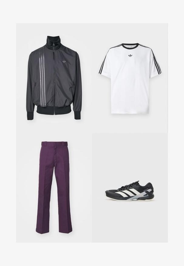 Črna atletska jakna z visokim ovratnikom, zadrgo in dvema stranskima žepoma. Ima tri horizontalne črte v temnejši senci in logotip.; Bela majica iz bombaža z črnimi okroglimi izrezi in tremi črnimi črtami na vsakem ramu. Majhen črn logotip na prsih.; Purpurne široke hlače narejene iz trdnega bombažnega blaga, ki imajo ravno sprednjo stran, zankice za pas in prilagojene gube za strukturiran videz.; Črne atletske čevlje z belimi črtami, mrežastim zgornjim delom, zaobljenim nosom in blaženim podplatom. Imajo teksturiran petni del in varen sistem vezalk.