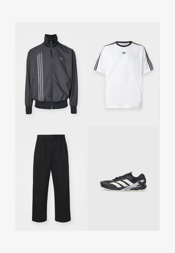 Mustus sportlik jakk kõrge kraega, tõmblukk ja kaks külgtaskut. Omab kolme horisontaalset triipu tumedamas toonis ning logo.; Valge puuvillane T-särk, millel on must ümmargune kaelus ja kolm musta triipu igal õlal. Rinnal väike must logo.; Mustadest puuvillast püksid otse lõikega, millel on nupplist ja kaks esimest taskut ning sile tekstuur.; Mustad sportlik jalanõud mustade värvidega, valgete triipudega, võrgusilma pealmine osa, ümar varvas ja pehme tallaga. Omab tekstureeritud kontsa ja kindlat paeltesüsteemi.