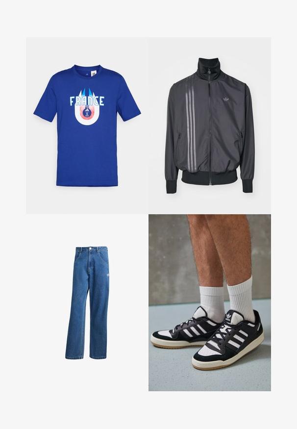 Černá sportovní bunda s vysokým límcem, zipem a dvěma bočními kapsami. Obsahuje tři vodorovné pruhy v tmavším odstínu a logo.; Modré bavlněné tričko s bílým nápisem "FRANCIE" a kulatým grafickým prvkem níže, na kterém je fotbalový míč a logo v červené a modré barvě.; Modré vysoké široké džíny s vysokým pasem, předními kapsami, poutky na opasek, knoflíkovým zapínáním a malým logem Adidas na pravém stehně.; Černobílé tenisky s vrchní částí z semišové a kožené kůže, včetně tří bílých pruhů, perforovaného špičky a podrážky z gumy.
