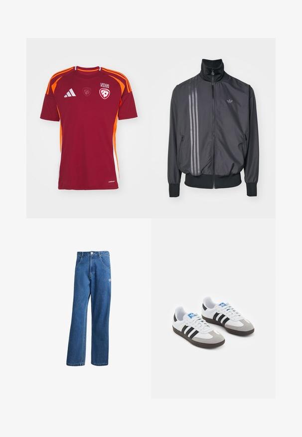 Zwarte sportieve jas met een hoge kraag, ritssluiting en twee zijzakken. Heeft drie horizontale strepen in een donkere tint en een logo.; adidas Performance LATVIAN LFF HOME - Voetbalshirt - team burgundy; Blauwe hoge taille wijde spijkerbroek met voorzakken, riemlussen, knoopsluiting en klein Adidas-logo op de rechterdij.; Sportschoenen met een witte leren bovenkant, grijze suède neus en drie zwarte strepen. Bevat een blauw logo op de tong en een gestructureerde rubberen zool.