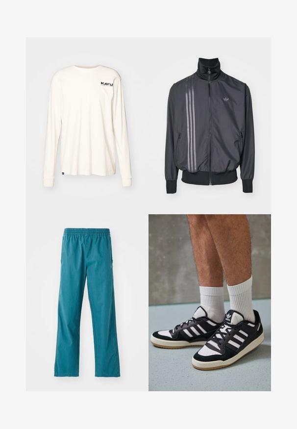 Zwarte sportieve jas met een hoge kraag, ritssluiting en twee zijzakken. Heeft drie horizontale strepen in een donkere tint en een logo.; Langsleeve, off-white katoenen shirt met een ronde hals. Heeft een klein zwart logo op de linkerkant van de borst. Zachte textuur, relaxte pasvorm.; Tegengestelde gekleurde broek van lichtgewicht stof, met een elastische tailleband en een rechte snit met zijzakken.; Zwart-witte sneakers met een bovenwerk van suede en leer, voorzien van drie witte strepen, een geperforeerde neus en een rubberen gumzool.