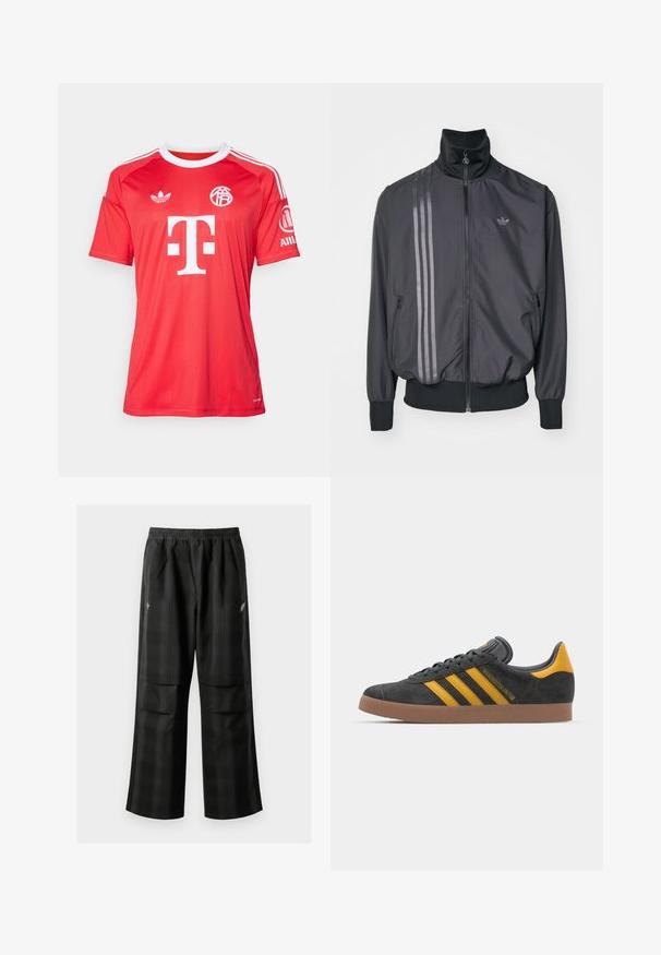 Musta urheilutakki, jossa on korkea kaulus, vetoketjusuljenta ja kaksi sivutaskua. Takissa on kolme vaakasuuntaista raitaa tummemmassa sävyssä ja logo.; adidas Performance FC BAYERN 2025/2026 THIRD GOALKEEPER JERSEY - Joukkuetuote - pure ruby; Mustat ruudulliset housut, joissa on joustava vyötärö, kaksi etutaskua ja rento istuvuus suoralla lahkeella. Valmistettu kevyestä materiaalista.; Mustat samettiset tennarit, joissa on keltaisia yksityiskohtia, kolmonen raita ja ruskea kumipohja. Sisältää pehmustetun kielisen mukavuutta varten.