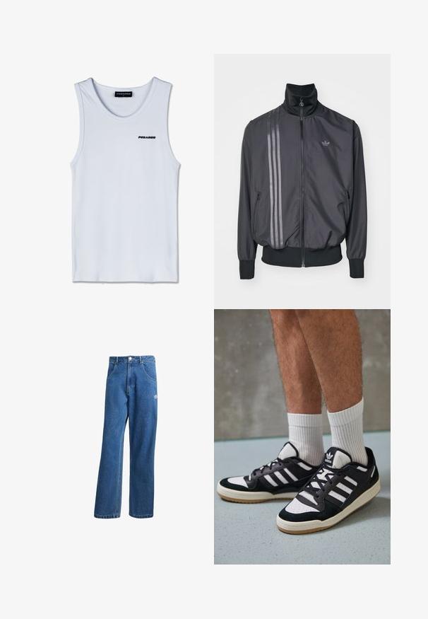 Zwarte sportieve jas met een hoge kraag, ritssluiting en twee zijzakken. Heeft drie horizontale strepen in een donkere tint en een logo.; Witte mouwloze tanktop met zwart "PEGADOR" logo op de borst en een zwart label met "PEGADOR M" op de hals.; Blauwe hoge taille wijde spijkerbroek met voorzakken, riemlussen, knoopsluiting en klein Adidas-logo op de rechterdij.; Zwart-witte sneakers met een bovenwerk van suede en leer, voorzien van drie witte strepen, een geperforeerde neus en een rubberen gumzool.