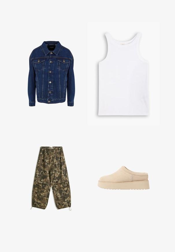 Tamno plavi traper jakna s dugim rukavima, dugmeta sprijeda, dvije džepne preklopne torbe na prsima i kontrastnim šavovima na bijeloj pozadini.; Bela pamučna majica bez rukava s širokim naramenicama, okruglim izrezom i glatkom, rebrastom teksturom. Nema uzoraka ili ukrasa.; Lagane hlače s kamuflažnim uzorkom u nijansama smeđe i zelene boje. Imaju elastičnu liniju struka, kaiš za zatezanje i sužene članke.; Bež nubuk cipele na sklizak s okruglim vrhom i debelim, teksturiranim potplatom. Ima minimalno šivanje i mekan dizajn.