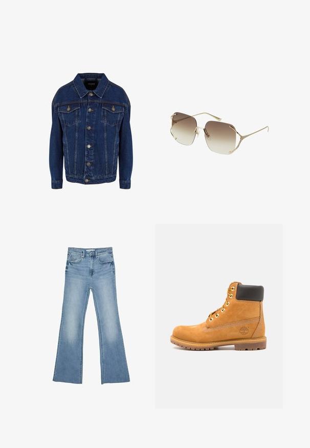 Tummansininen farkkutakki, jossa on pitkät hihat, napit edessä, kaksi rintataskua ja kontrastivärinen ompelu valkoista taustaa vasten.; Valkoinen puuvillainen hihaton toppi leveillä olkaimilla, pyöreällä kaula-aukkolla ja sileällä, nauhamaista pintarakennetta. Ei kuvioita tai yksityiskohtia.; Vaaleansiniset liehitaskuhousut, jotka on valmistettu denimistä. Niissä on klassinen viiden taskun muotoilu sekä vetoketjukiinnitys napilla.; Ruskeat nahkaiset nilkkurit mustalla pehmusteella, kultaisilla läpyillä ja teksturoidulla pohjalla. Sivulla on pyöreä logo ja ompeluakkentteja.; Kultaiset metalliset aurinkolasit, joissa on suuret neliskulmaiset liukuvärjätyt linssit, jotka siirtyvät tummanruskeasta vaaleanruskeaan. Aurinkolasissa on kapea kehys ja hienosävyinen yksityiskohtaisuus.; Sinine vatitatud teksakott õlal, millel on kuldne ahel rihm ja silmapaistev kuldne logo esiosas. Kompaktne ristkülikukujuline vorm.