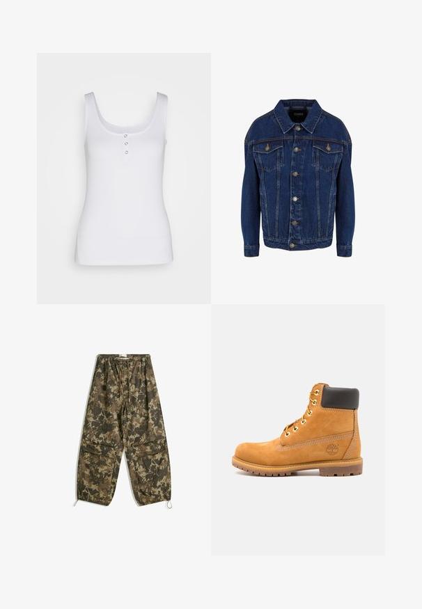 Dunkelblaue Jeansjacke mit langen Ärmeln, Knopfverschluss, zwei Brusttaschen mit Klappe und Kontrastnähten auf weißem Hintergrund.; Weißes Tanktop aus geripptem Stoff mit einem Rundhalsausschnitt und drei metallischen Druckknöpfen an der Front. Glatte Textur, figurbetonter Schnitt.; Leichte, camouflierte Hose in verschiedenen Braun- und Grüntönen. Sie verfügt über einen elastischen Bund, einen Zugverschluss und schmal zulaufende Knöchel.; Braune Leder-Stiefelette mit schwarzer Polsterung, goldenen Ösen und einer strukturierten Sohle. Hat ein kreisförmiges Logo an der Seite und Nähakzente.