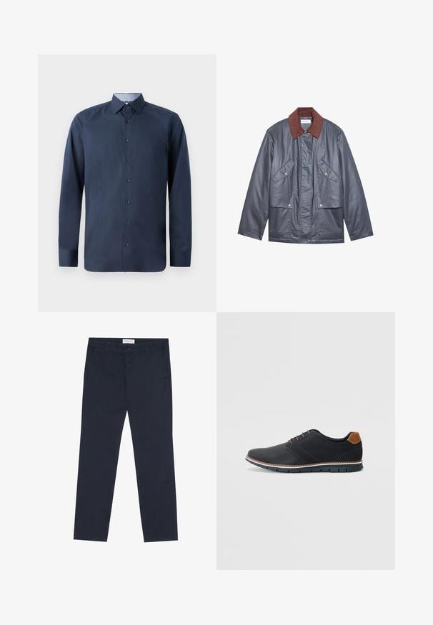 Casaco impermeável cinza com gola de corduroy castanho, apresentando dois bolsos frontais e fecho de botão. Textura suave e corte descontraído.; Camisa de manga longa azul-marinho feita de uma mistura de algodão, com colarinho clássico, fechamento de botão completo e forro de colarinho em contraste.; Chinos azul-marinho feitos de algodão com uma textura suave, apresentando um fecho de correr, passantes para cinto e bolsos laterais para funcionalidade.; Sapatos sintéticos pretos com um upper texturizado, pormenores lisos, salto castanho e uma sola contrastante. Apresentam um sistema de atacadores mínimo e detalhes de costura.