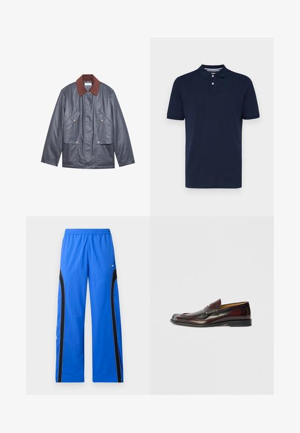 Casaco impermeável cinza com gola de corduroy castanho, apresentando dois bolsos frontais e fecho de botão. Textura suave e corte descontraído.; Polo de manga curta azul marinho feito de algodão, com um decote com gola e três botões e riscas horizontais subtis na gola.; Calças de desporto azuis feitas de um tecido leve, com painéis laterais pretos e detalhes em branco. Cintura elástica para um ajuste seguro.; Loafer masculino de couro burgundy escuro com faixa para moeda e costura decorativa, sola preta plana, exibido em perfil lateral.