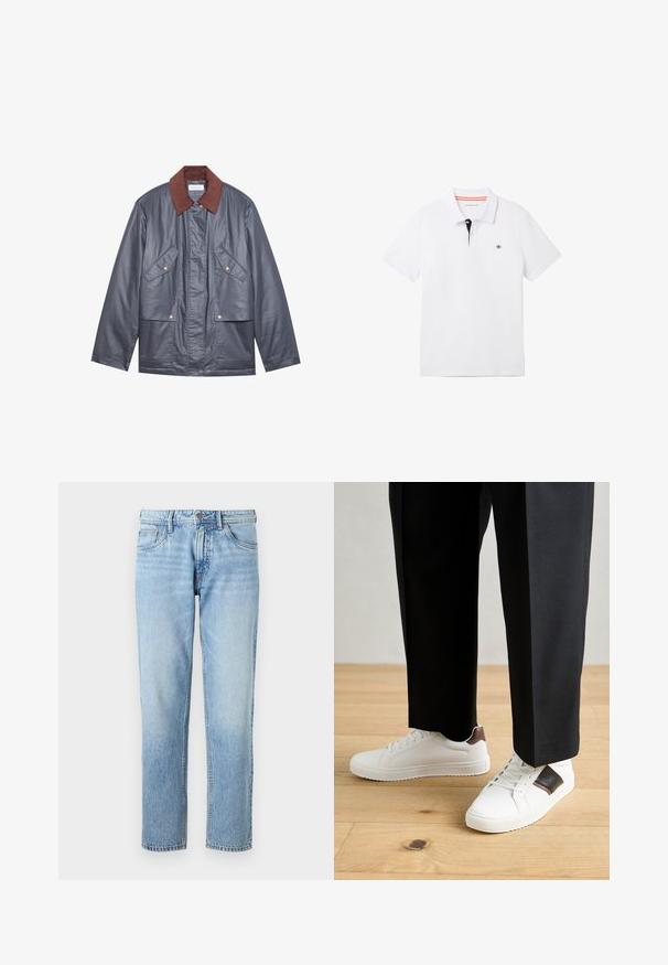 Sivá nepromokavá bunda s hnedým kordovým golierom, obsahujúca dve predné vrecká a zapínanie na gombíky. Hladká textúra a voľný strih.; Biela polo tričko s čiernym golierom a oranžovým lemovaním, krátkymi rukávmi a malým logom na hrudi. Vyrobené z priedušnej bavlnenej zmesi.; Svetlomodré rifľové nohavice s rovnými nohavicami, dizajnom s piatimi vreckami, vyblednutou textúrou a klasickým zapínaním na gombík a zips.; Biele tenisky s hladkým povrchom, s hnedými koženými akcentmi a čiernymi detailmi, spárované s čiernymi elegantnými nohavicami. Pozadím je drevená podlaha.
