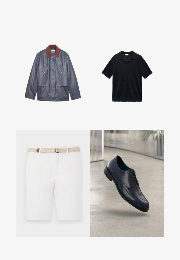 Jachetă impermeabilă gri cu guler de catifea maro, având două buzunare frontale și închidere cu nasturi. Textură netedă și croială lejeră.; Polo shirt negru cu mânecă scurtă, având guler în V, guler plat și textură ribbed. Materialul pare ușor și neted.; Shorts albe din bumbac, dotate cu o curea împletită bej cu un accent maro. Shorts-urile au un design curat și o textură fină.; Pantofii eleganți din piele veritabilă neagră, cu șireturi, plutind deasupra unui podea netedă, de culoare gri deschis, cu bare metalice verticale în fundal.
