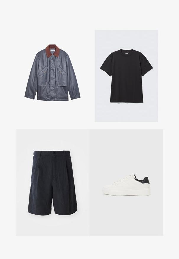 Graue wasserfeste Jacke mit einem braunen Cordkragen, ausgestattet mit zwei Fronttaschen und einer Knopfleiste. Glatte Textur und lässige Passform.; Schwarzes T-Shirt mit kurzen Ärmeln aus Baumwolle. Hat einen Rundhalsausschnitt und eine lockere Passform. Einfaches Design ohne sichtbare Muster oder Akzente.; Weekday LOOSE SUIT - Shorts - black; Weißes Leder-Sneaker mit geprägtem Muster, strukturierter weißer Zwischensohle und schwarzen Akzenten an der Ferse. Verfügt über eine abgerundete Zehenpartie und flache Schnürsenkel.