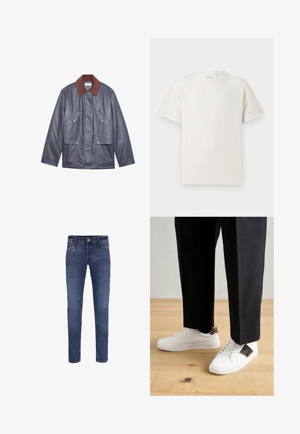 Gray waterproof jacket with a brown corduroy collar, featuring two front pockets and a button closure. Smooth texture and relaxed fit.; White short-sleeve T-shirt in a ribbed texture. Round neckline, relaxed fit, no visible patterns or accents. Simple and versatile design.; Men's slim-fit blue denim jeans with button and zipper closure, front and back pockets, and subtle fading details.; White sneakers with smooth texture, featuring brown leather accents and black detailing, paired with black tailored pants. Wooden floor background.