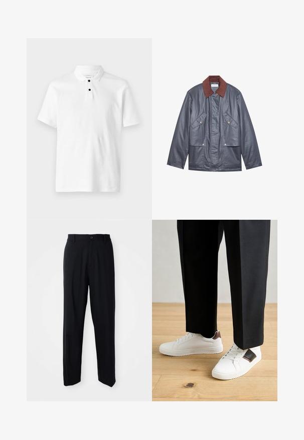 Gray waterproof jacket with a brown corduroy collar, featuring two front pockets and a button closure. Smooth texture and relaxed fit.; White polo shirt featuring a textured fabric, short sleeves, a folded collar, and three black buttons at the neckline.; Black straight-leg trousers with belt loops, button closure, and a sleek, minimal design on a neutral background.; White sneakers with smooth texture, featuring brown leather accents and black detailing, paired with black tailored pants. Wooden floor background.